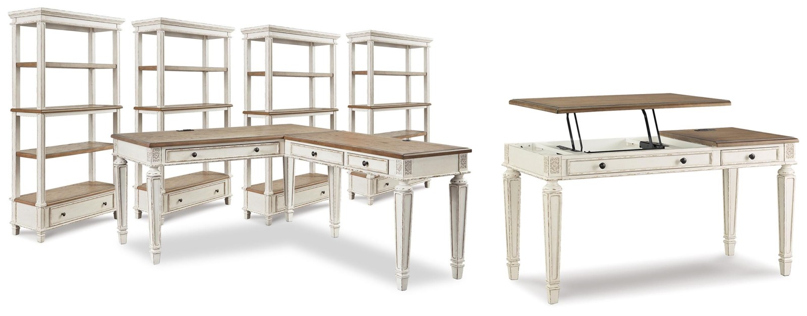 Realyn Lift-top Desk, L-shaped Desk and 4 Bookcases